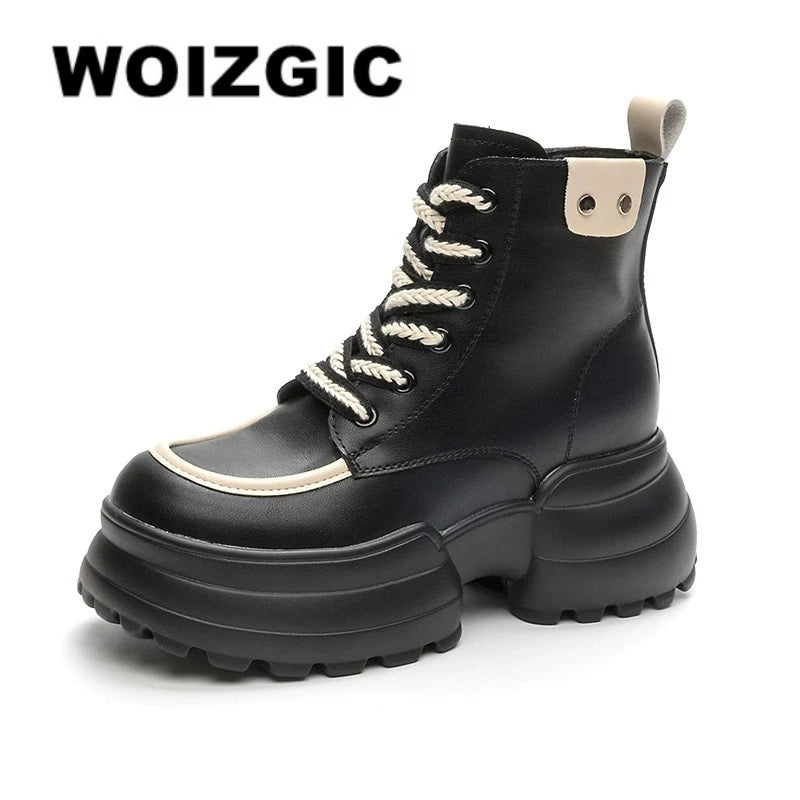 WOIZGIC bottines femmes en cuir véritable, style britannique à lacets, fourrure chaude automne/hiver, chaussures montantes confortables