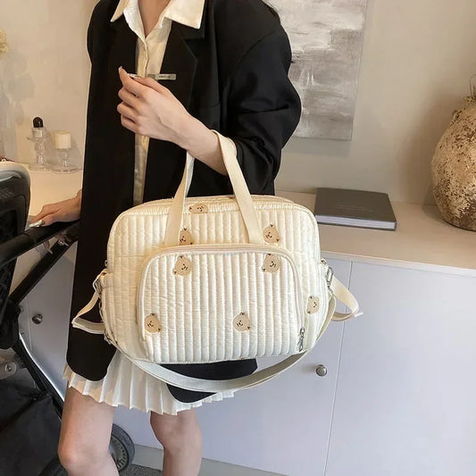 Sac à couches pour maman, coton beige, motif ours, fermeture éclair