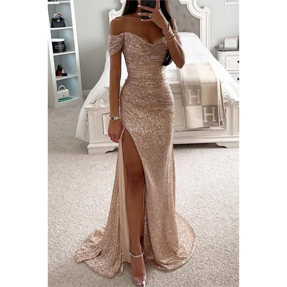 Robe Élégante Femme – Longue Coupe Sirène, Paillettes Champagne, Épaules Dénudées Chic