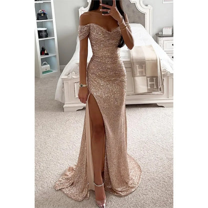 Robe Élégante Femme – Longue Coupe Sirène, Paillettes Champagne, Épaules Dénudées Chic