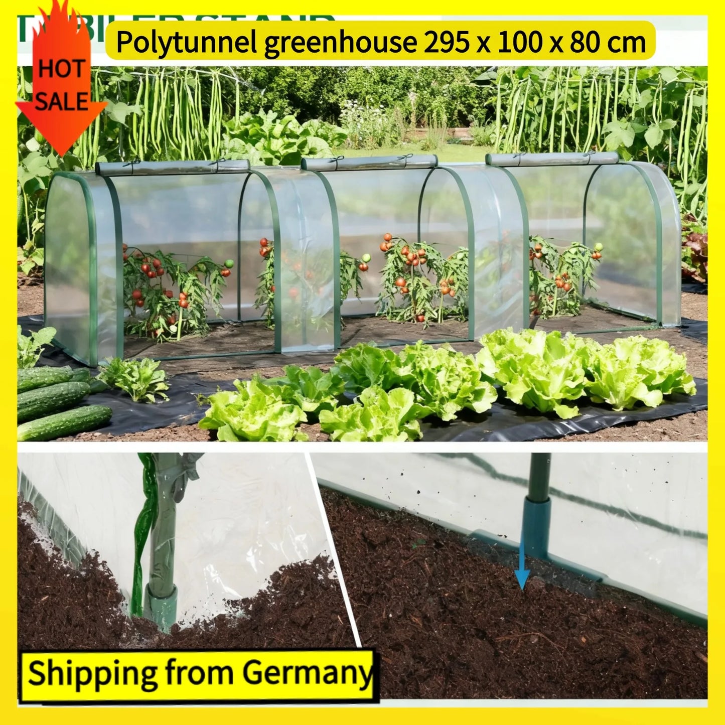 Serre de jardin tunnel Outsunny 295x100x80 cm avec 3 portes zippées, cadre en acier et bâche PVC imperméable et résistance aux UV