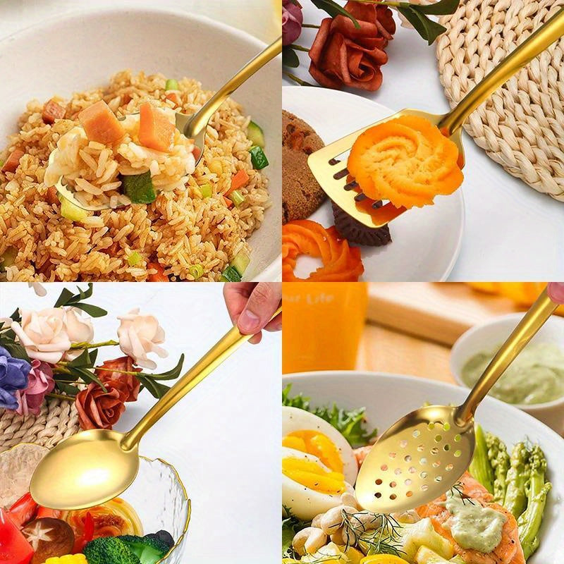 6pcs Set Ustensiles Cuisine Inox Doré – Louche, Passoire et Spatule .
