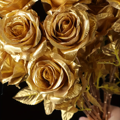 12pcs Bouquet Mariée Rose Dorée Réaliste – Décoration Fête et Maison .