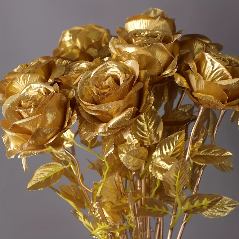 12pcs Bouquet Mariée Rose Dorée Réaliste – Décoration Fête et Maison .