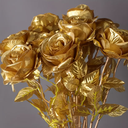 12pcs Bouquet Mariée Rose Dorée Réaliste – Décoration Fête et Maison .