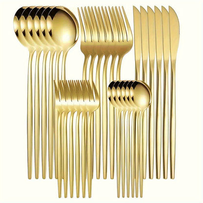 Elegant 30pcs Set Couverts Inox Doré – Couteaux, Fourchettes, Cuillères, Lavable Lave-Vaisselle .