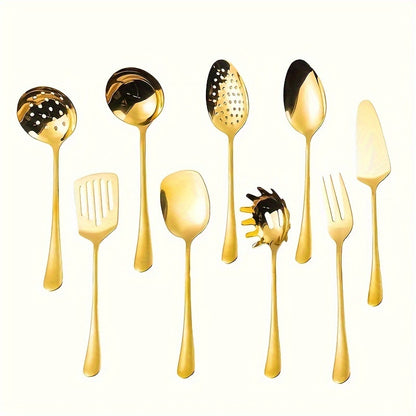 9pcs Set Ustensiles Cuisine Luxe Doré en Inox Poli Miroir .