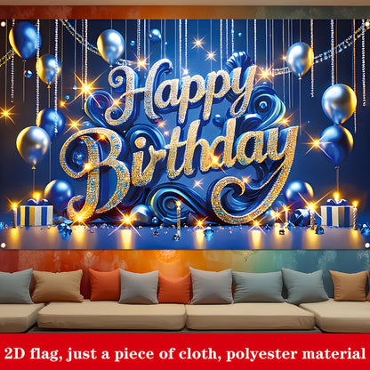 Bannière Anniversaire Bleue et Dorée – Décoration Fête en Polyester .