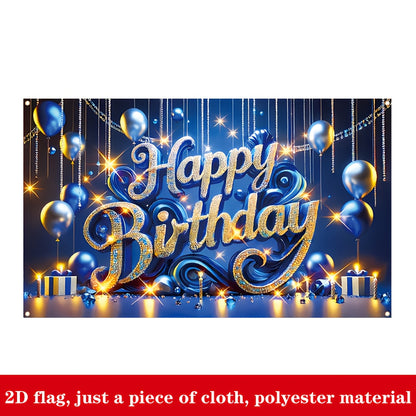 Bannière Anniversaire Bleue et Dorée – Décoration Fête en Polyester .